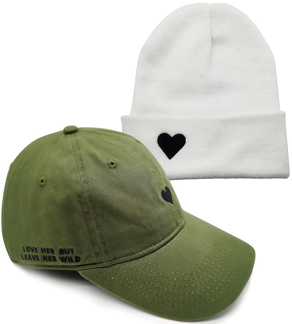 8135 Poetry Dad Hat Heart Green and Cuffed Beanie Heart Off-White - Unisex